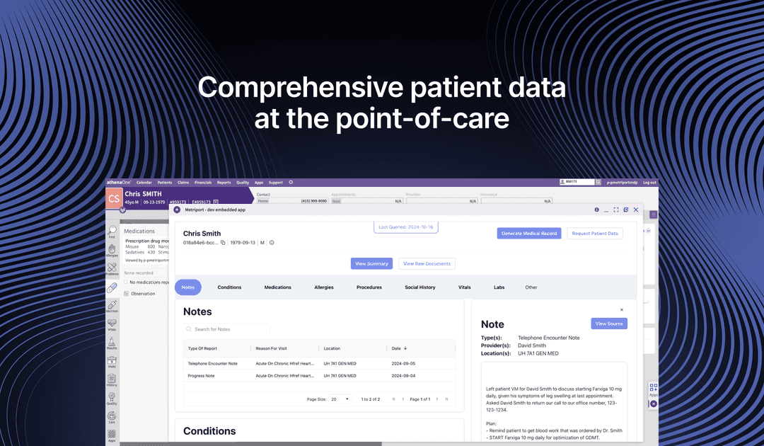 Metriport patient data interface at the point of care